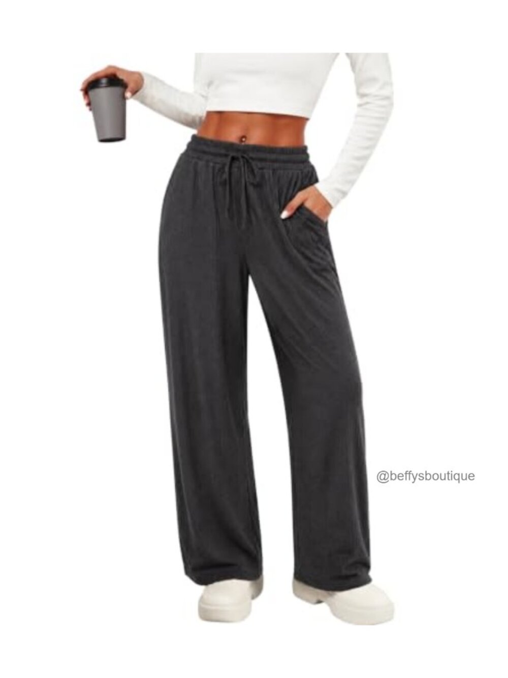 Wide Leg Lounge Pants Ribbed Knit Drawstring High Rise Pockets - Picture 1 of 6